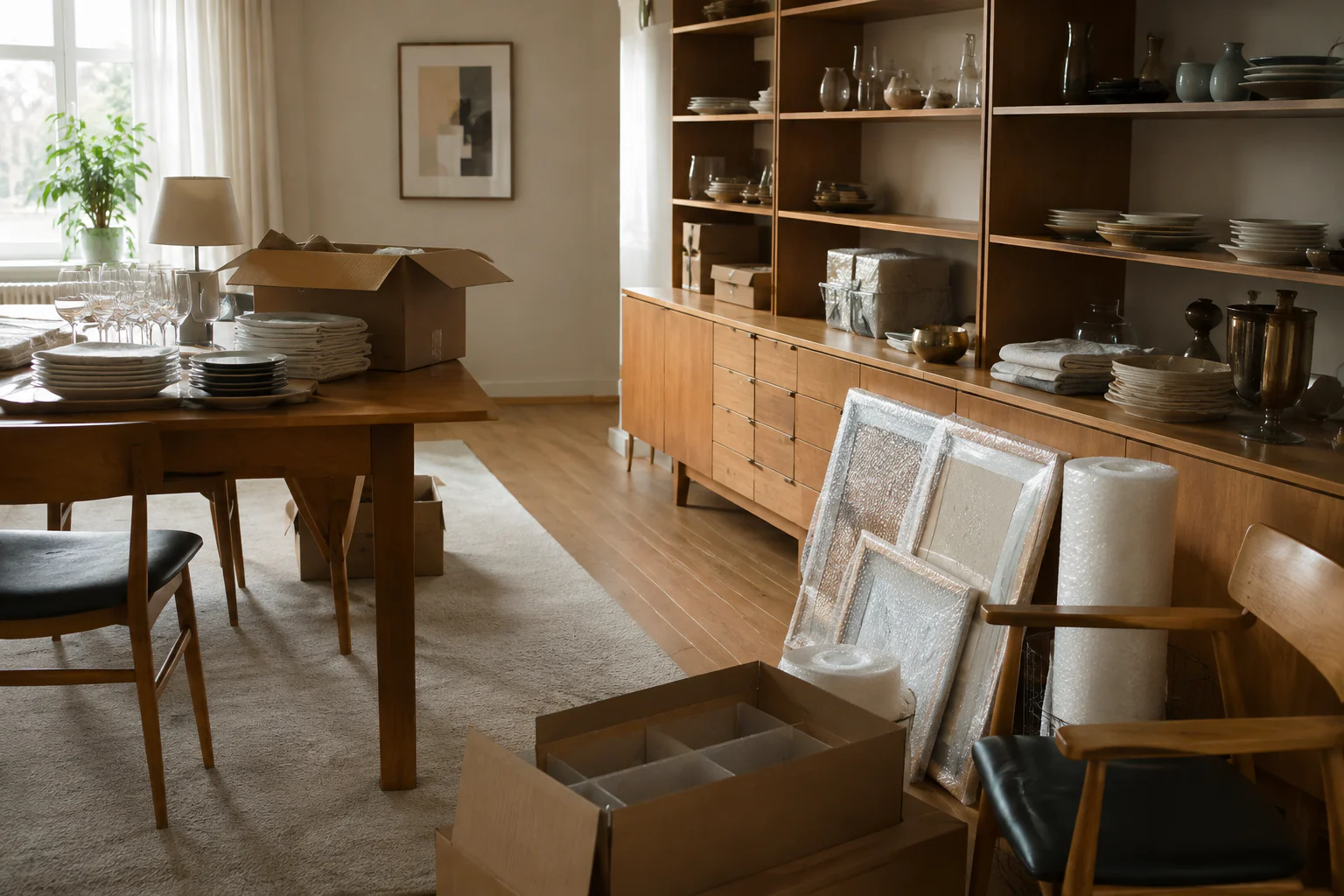 Esszimmer während einer geordneten Haushaltsauflösung mit Kartons und verpackten Bildern